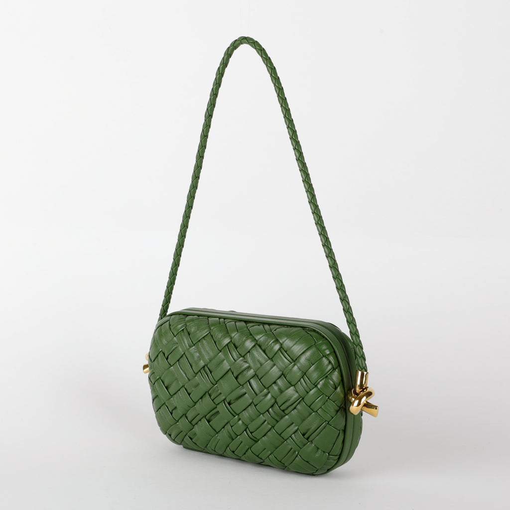 Knot Minaudiere on Strap, Green Intrecciato Leather