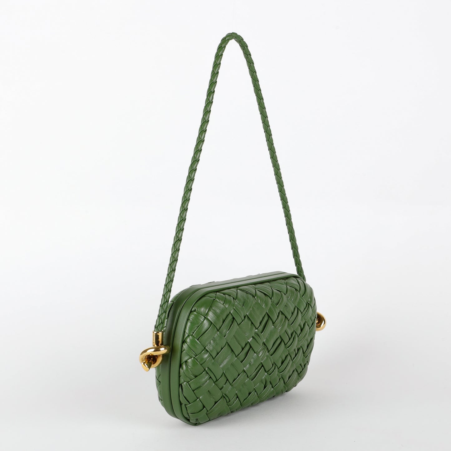 Knot Minaudiere on Strap, Green Intrecciato Leather