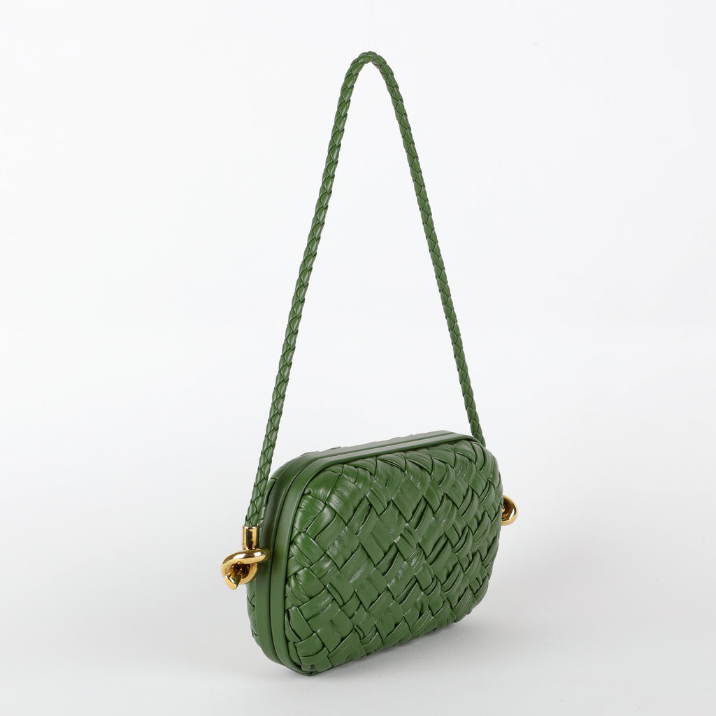 Knot Minaudiere on Strap, Green Intrecciato Leather