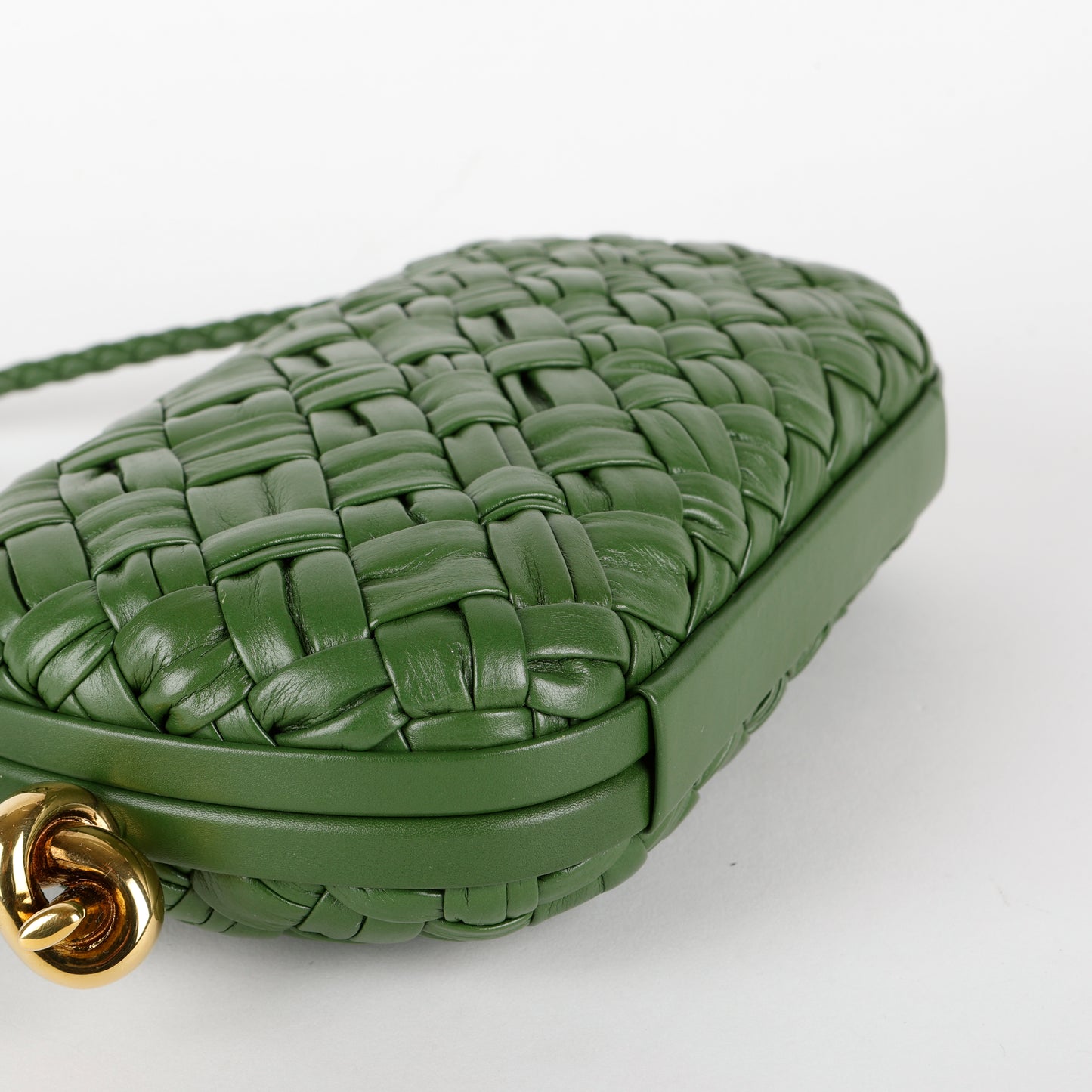 Knot Minaudiere on Strap, Green Intrecciato Leather