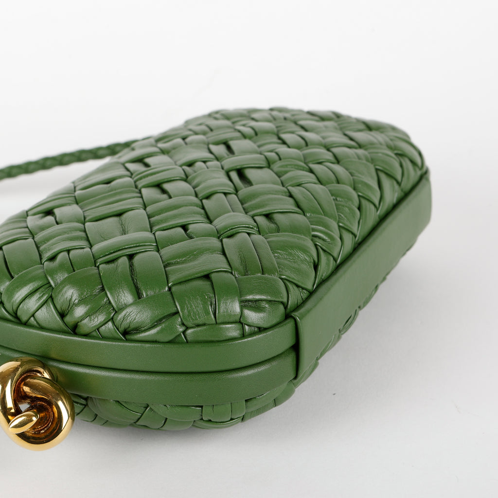 Knot Minaudiere on Strap, Green Intrecciato Leather