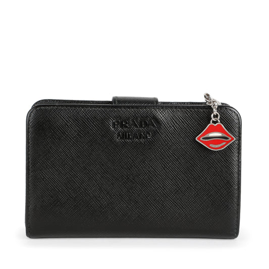 Small Lips Bifold Wallet, Black Saffiano