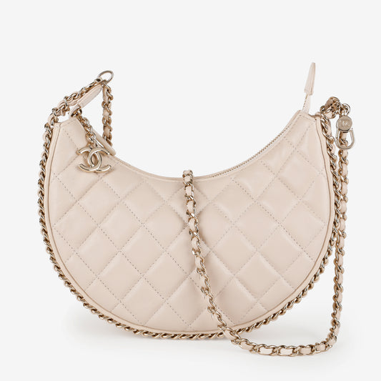 Small Chain Around Hobo, Beige Lambskin