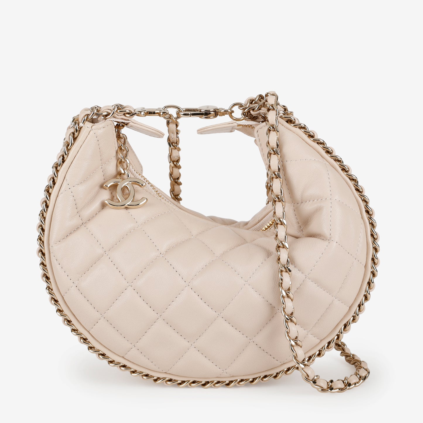 Small Chain Around Hobo, Beige Lambskin