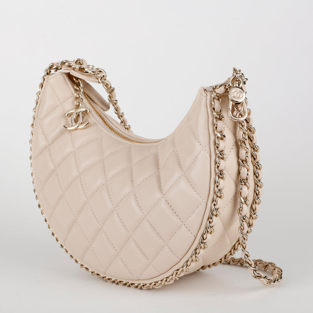 Small Chain Around Hobo, Beige Lambskin