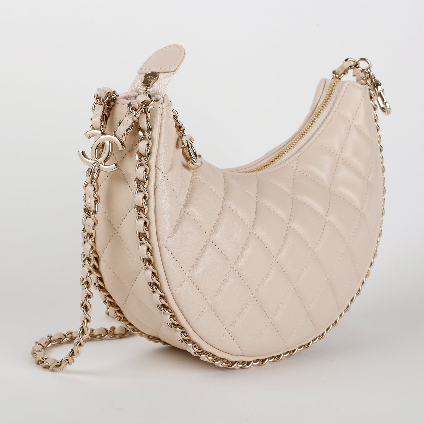 Small Chain Around Hobo, Beige Lambskin