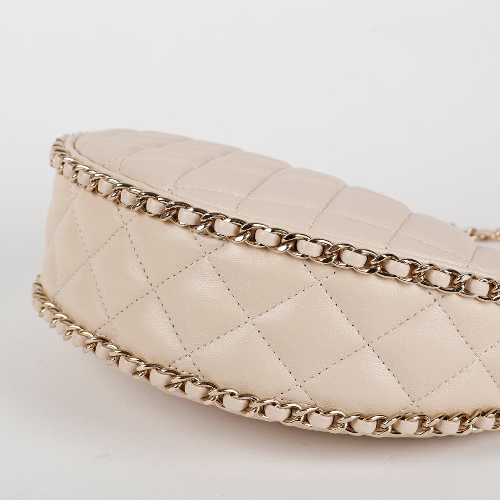 Small Chain Around Hobo, Beige Lambskin