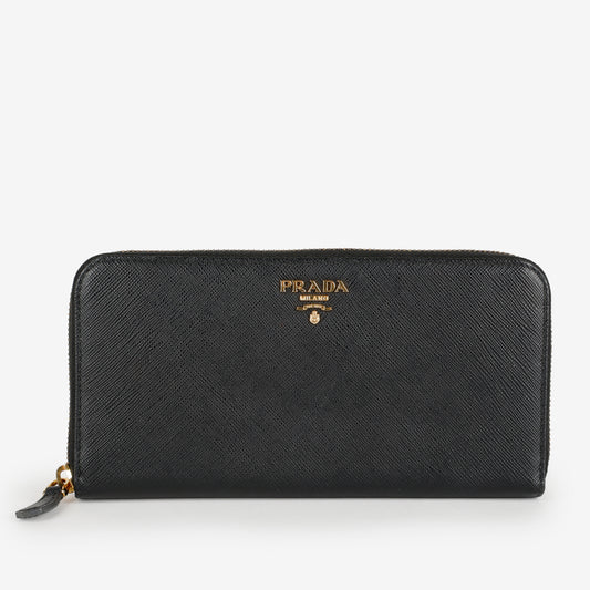 Large Zip Around Wallet, Black Saffiano