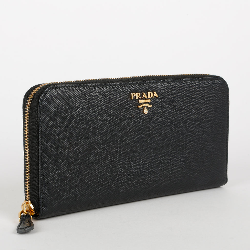 Large Zip Around Wallet, Black Saffiano