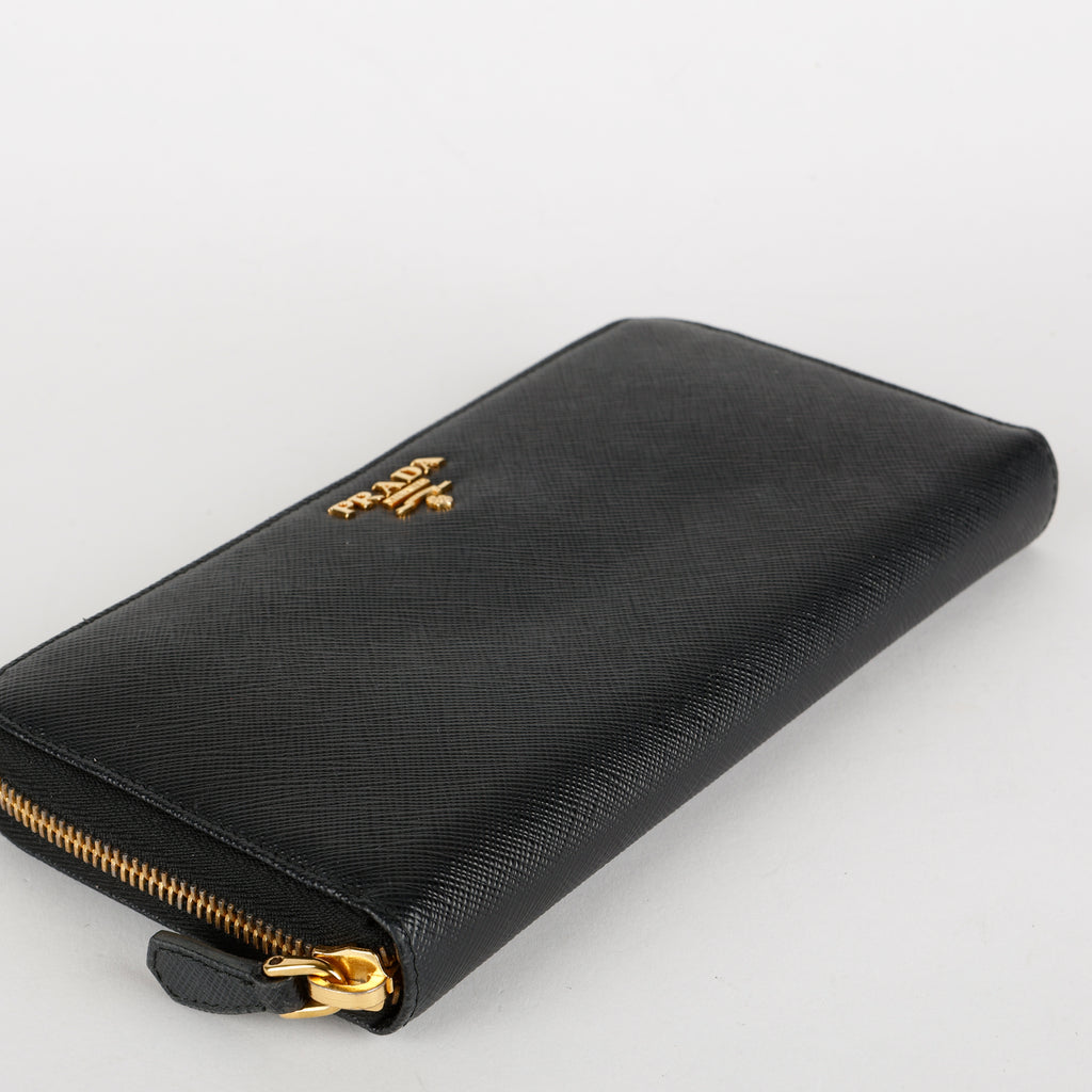 Large Zip Around Wallet, Black Saffiano