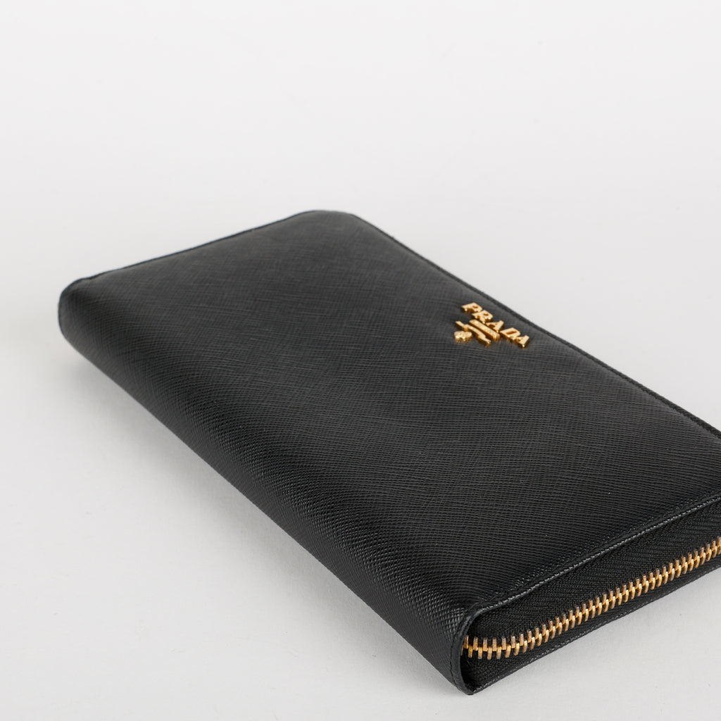 Large Zip Around Wallet, Black Saffiano