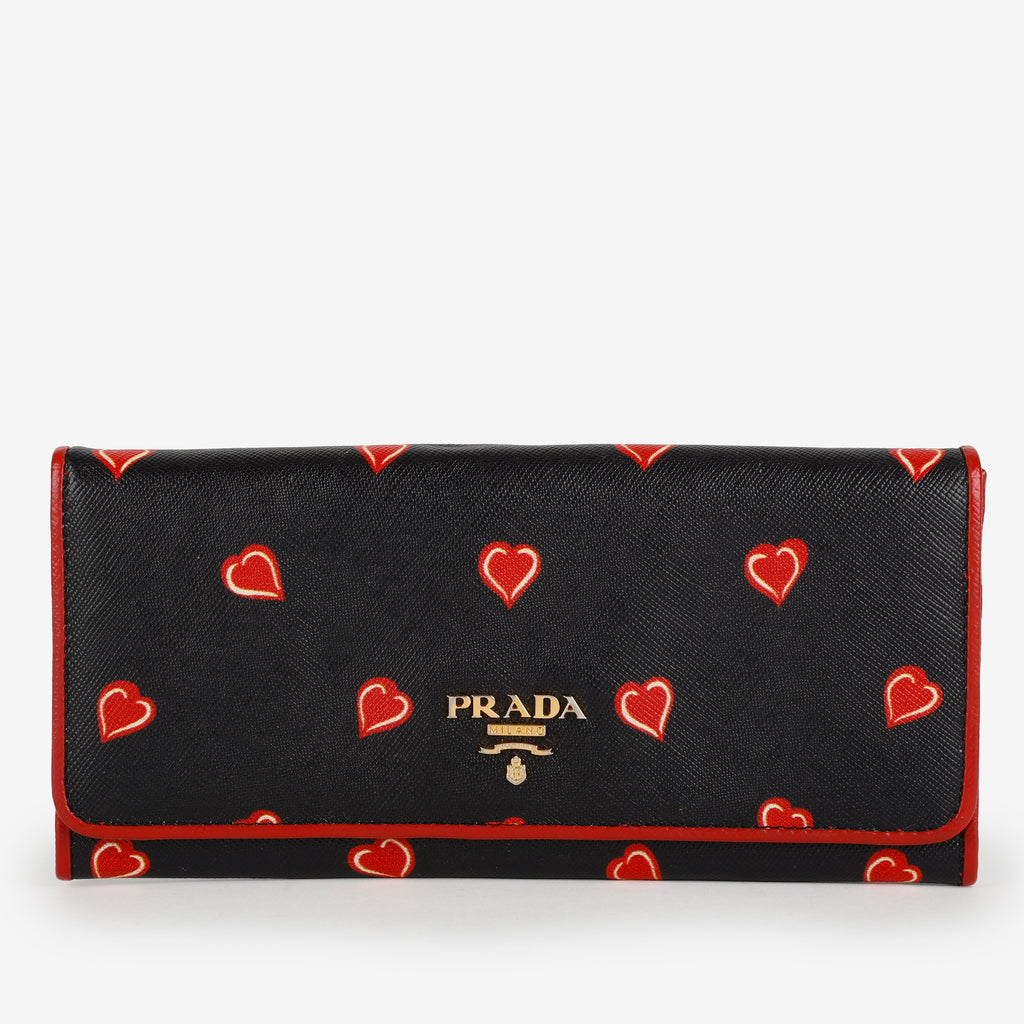Heart Long Snap Wallet, Black Saffiano