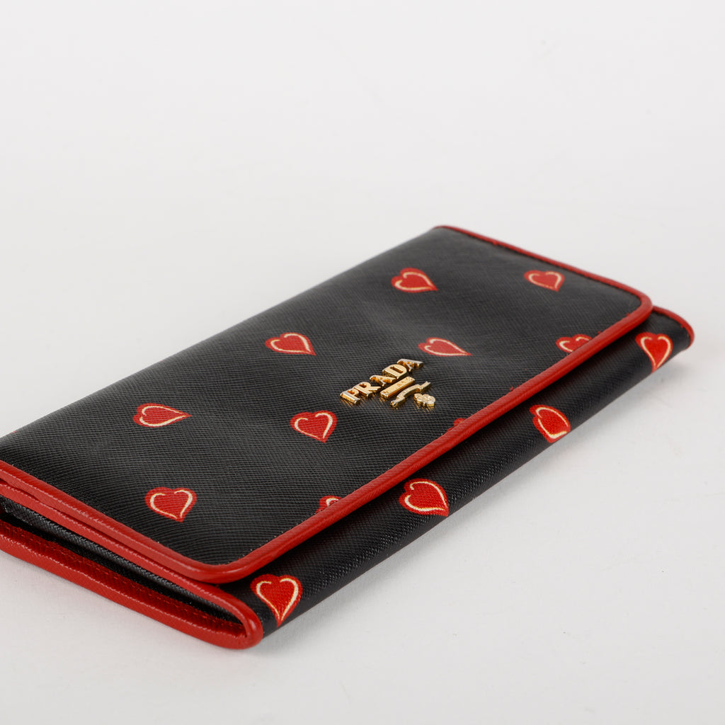 Heart Long Snap Wallet, Black Saffiano