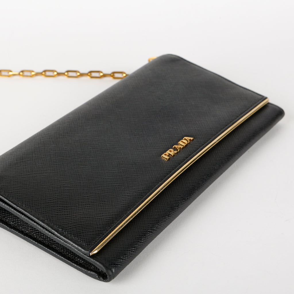 Metal Oro Wallet on Chain, Black Saffiano GHW