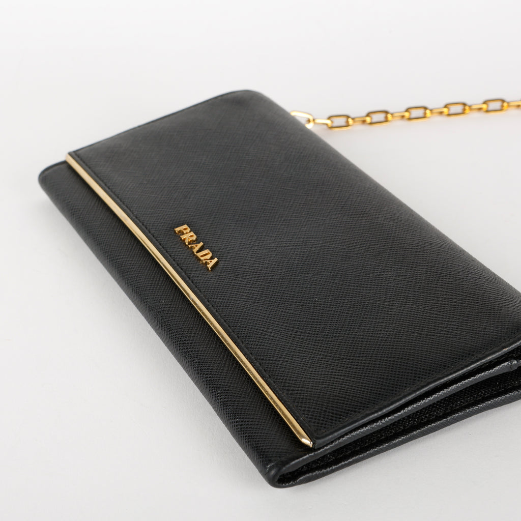 Metal Oro Wallet on Chain, Black Saffiano GHW