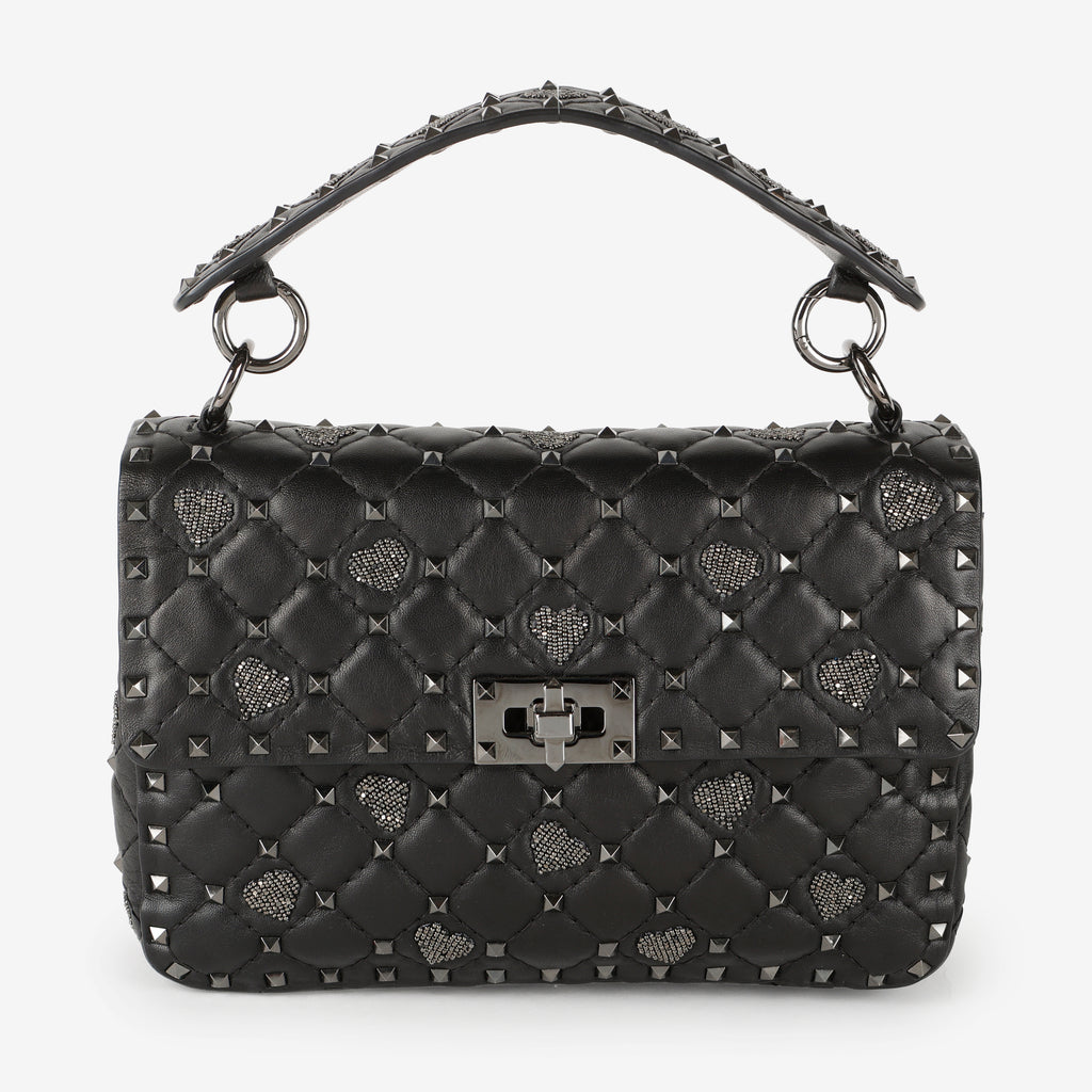 Medium Craquele Heart Rockstud Spike Bag, Black SHW (C)