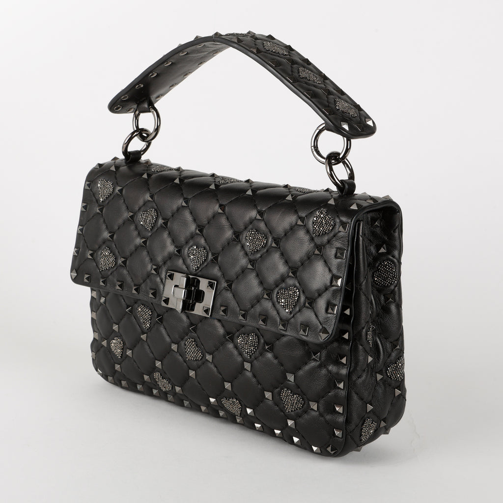 Medium Craquele Heart Rockstud Spike Bag, Black SHW (C)