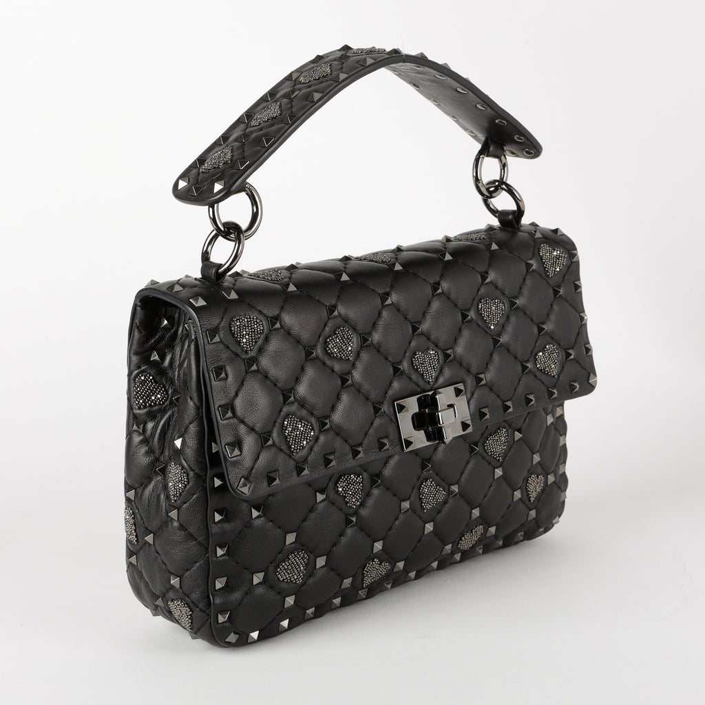 Medium Craquele Heart Rockstud Spike Bag, Black SHW (C)