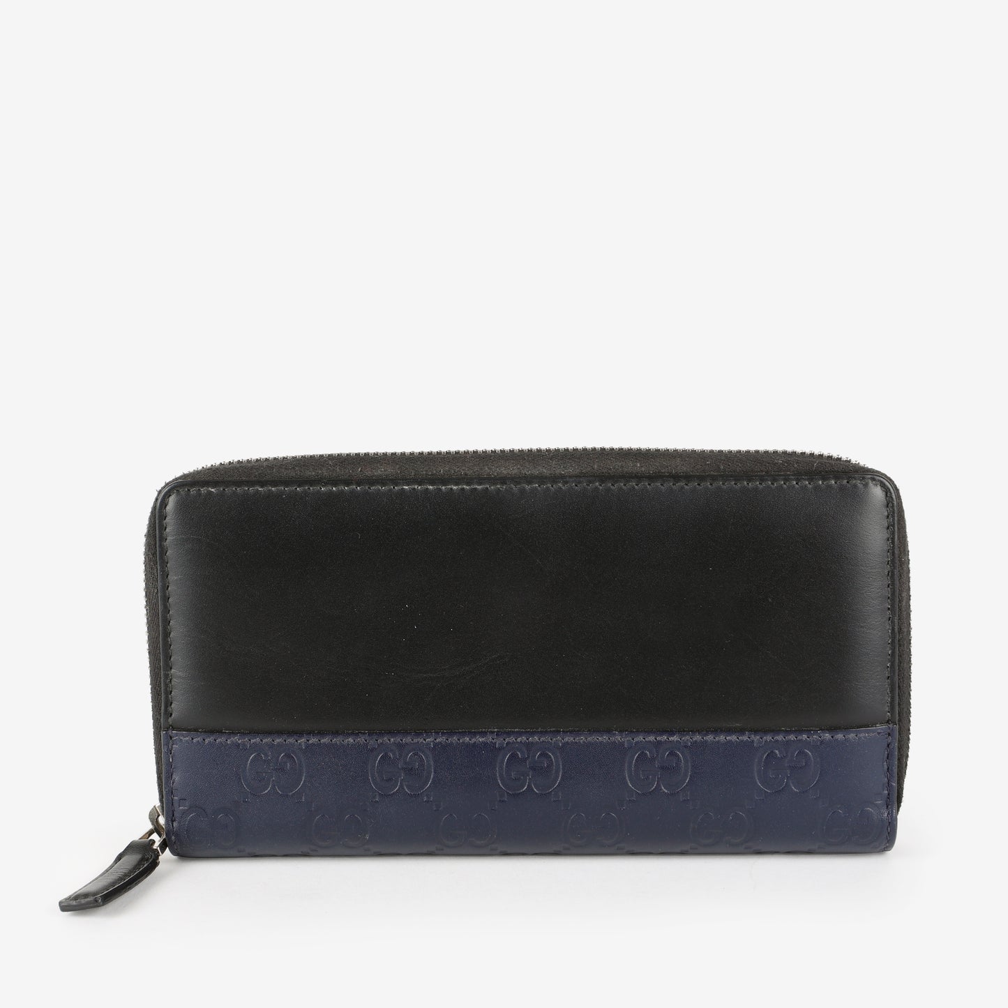 Long Zippy Wallet, Black Calfskin/Navy Guccisima