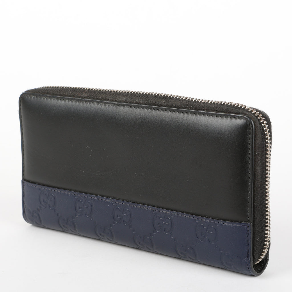 Long Zippy Wallet, Black Calfskin/Navy Guccisima