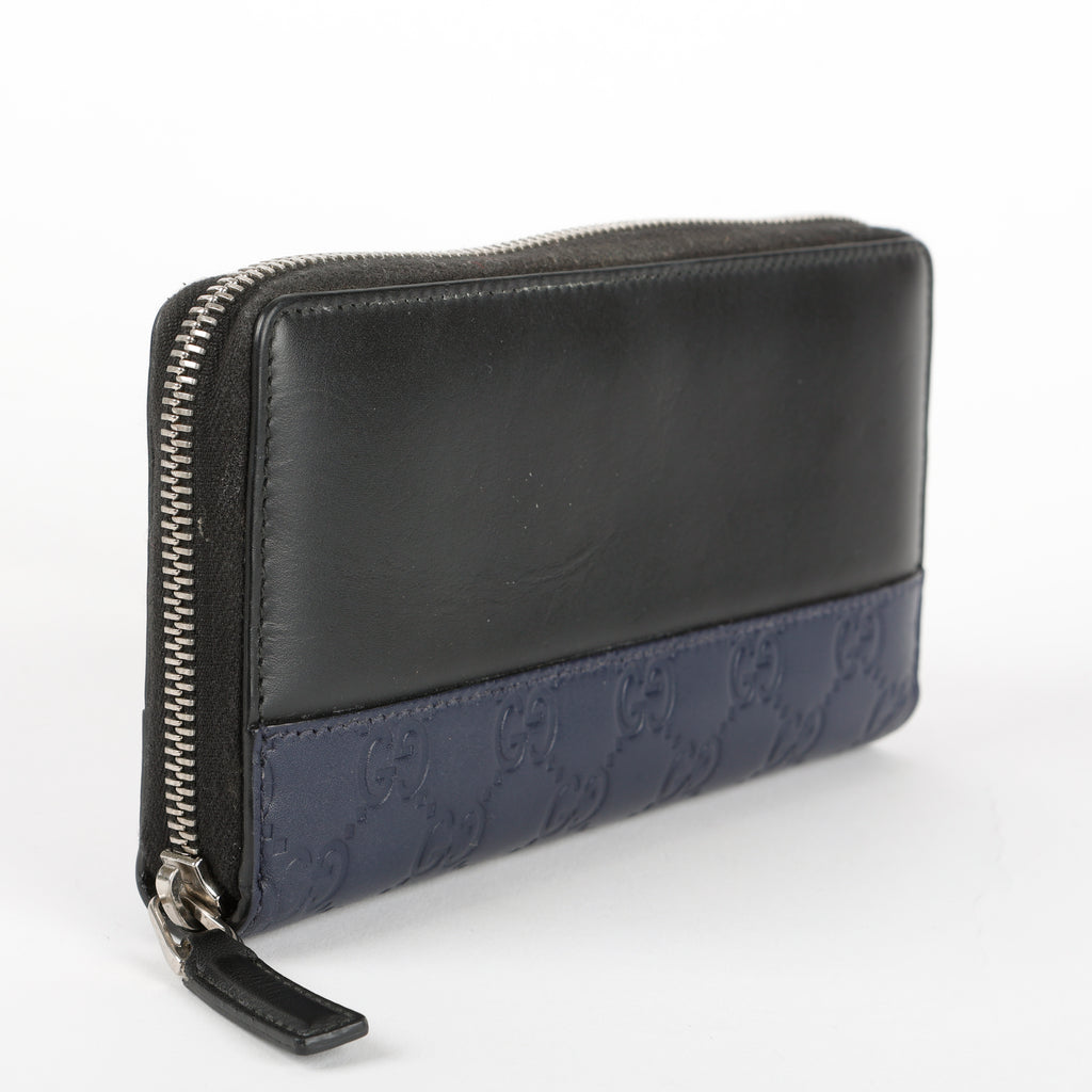 Long Zippy Wallet, Black Calfskin/Navy Guccisima