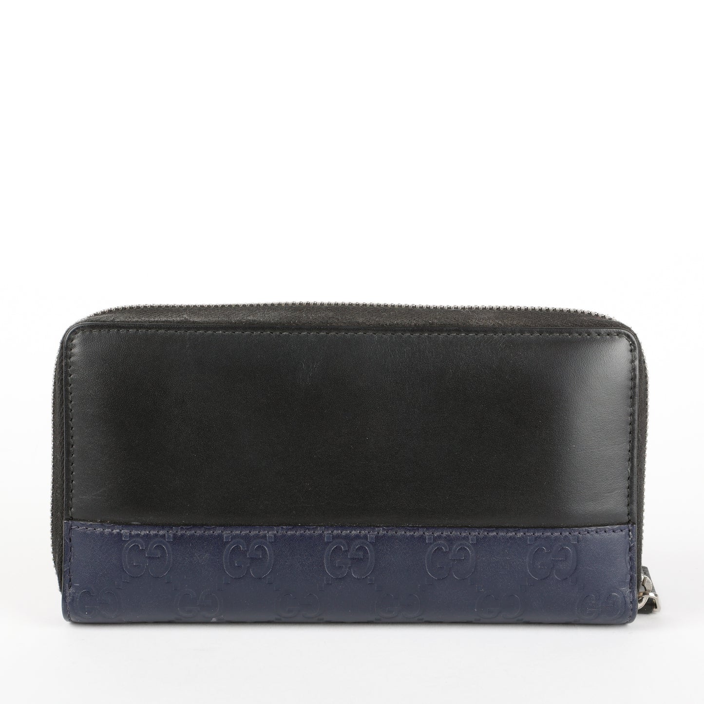 Long Zippy Wallet, Black Calfskin/Navy Guccisima