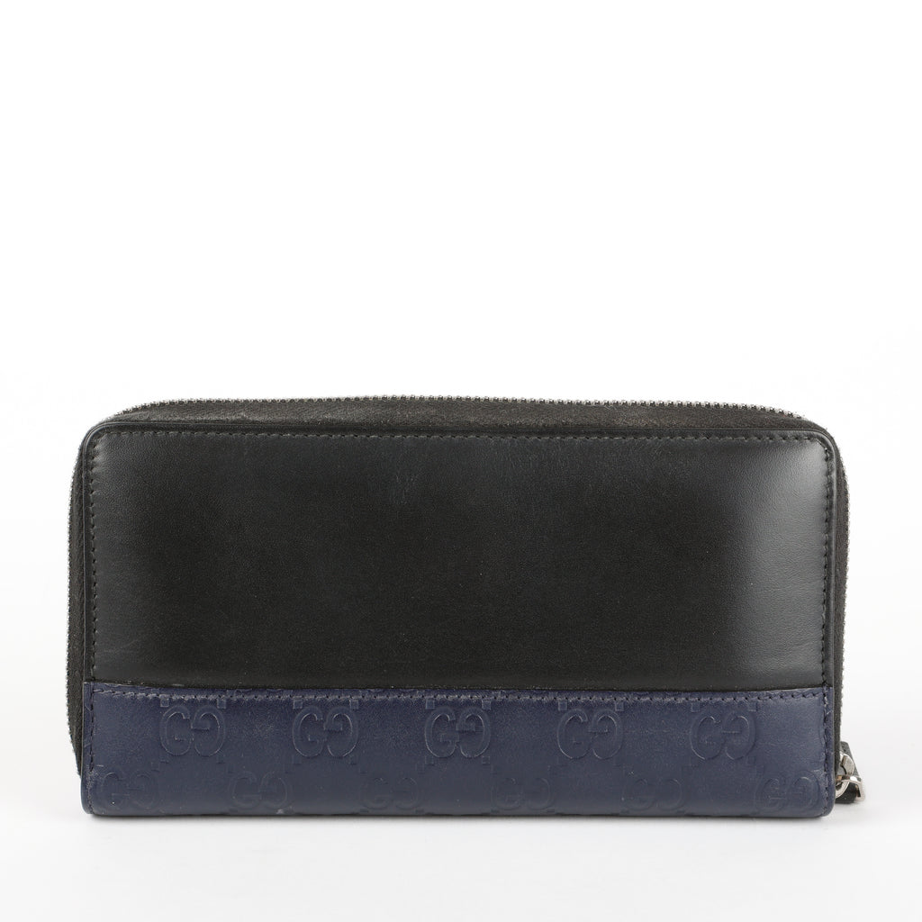 Long Zippy Wallet, Black Calfskin/Navy Guccisima