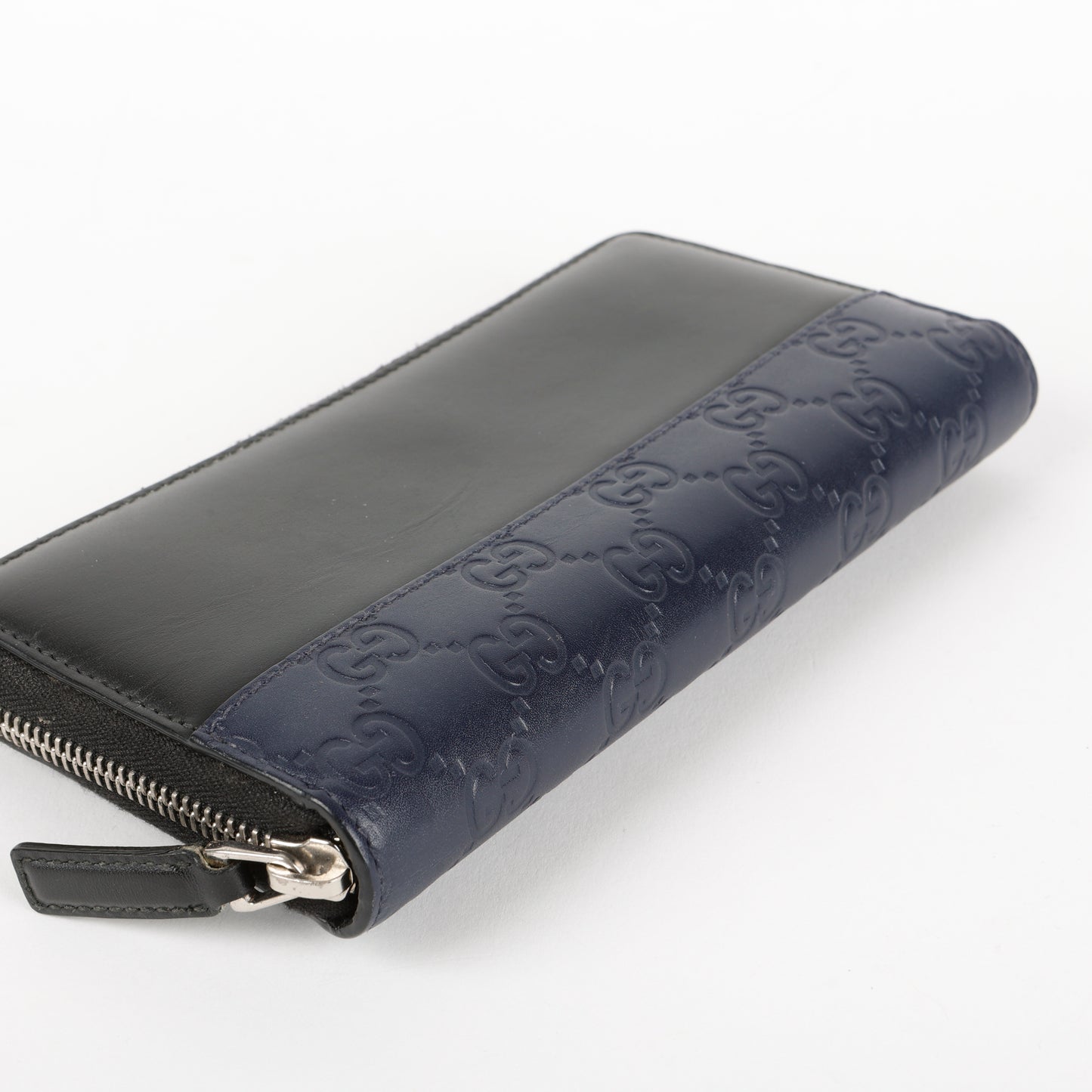 Long Zippy Wallet, Black Calfskin/Navy Guccisima
