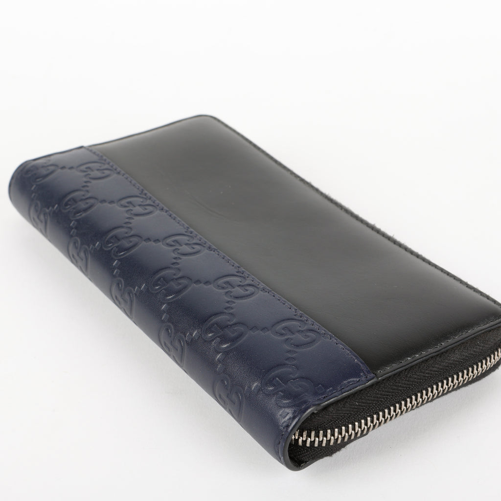 Long Zippy Wallet, Black Calfskin/Navy Guccisima