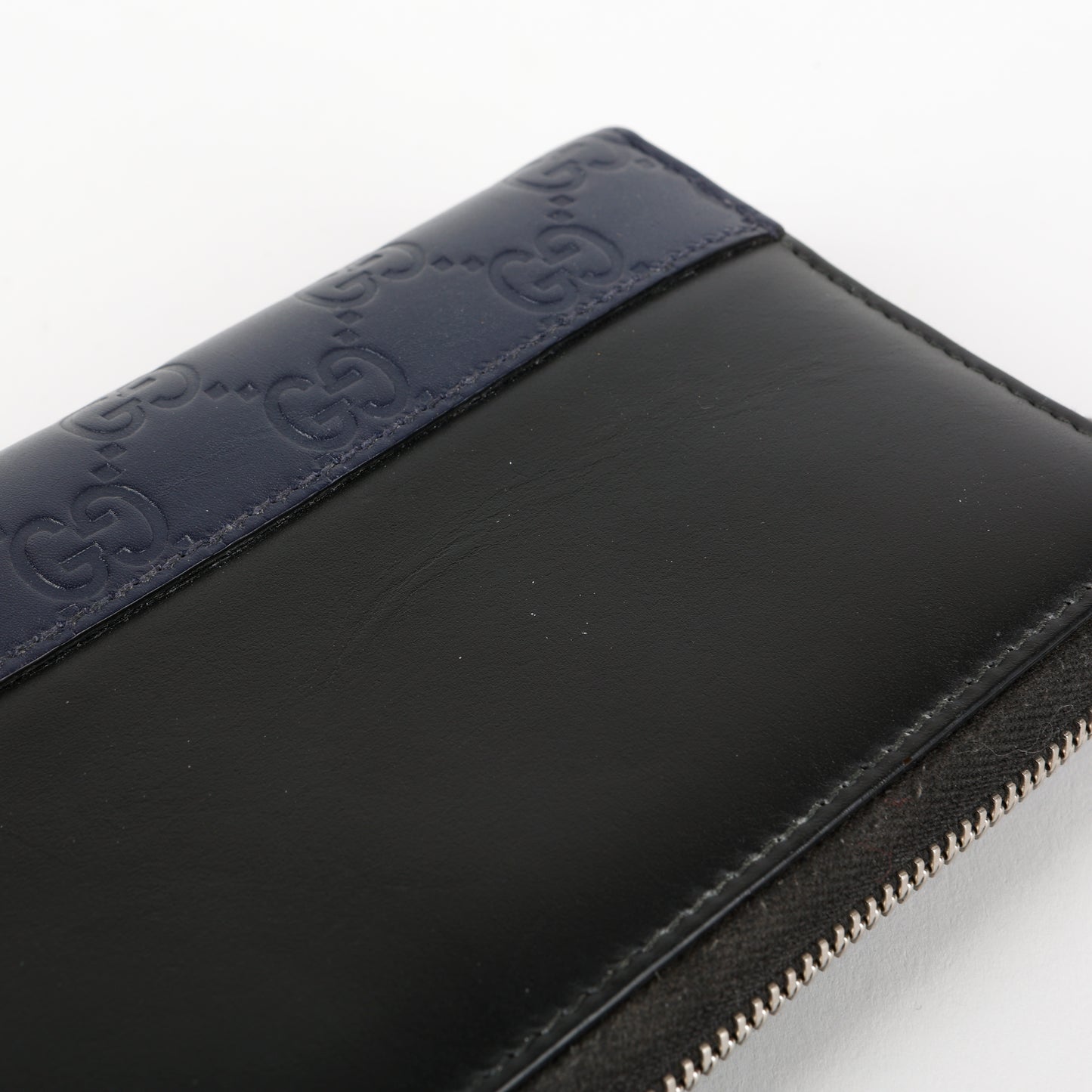 Long Zippy Wallet, Black Calfskin/Navy Guccisima