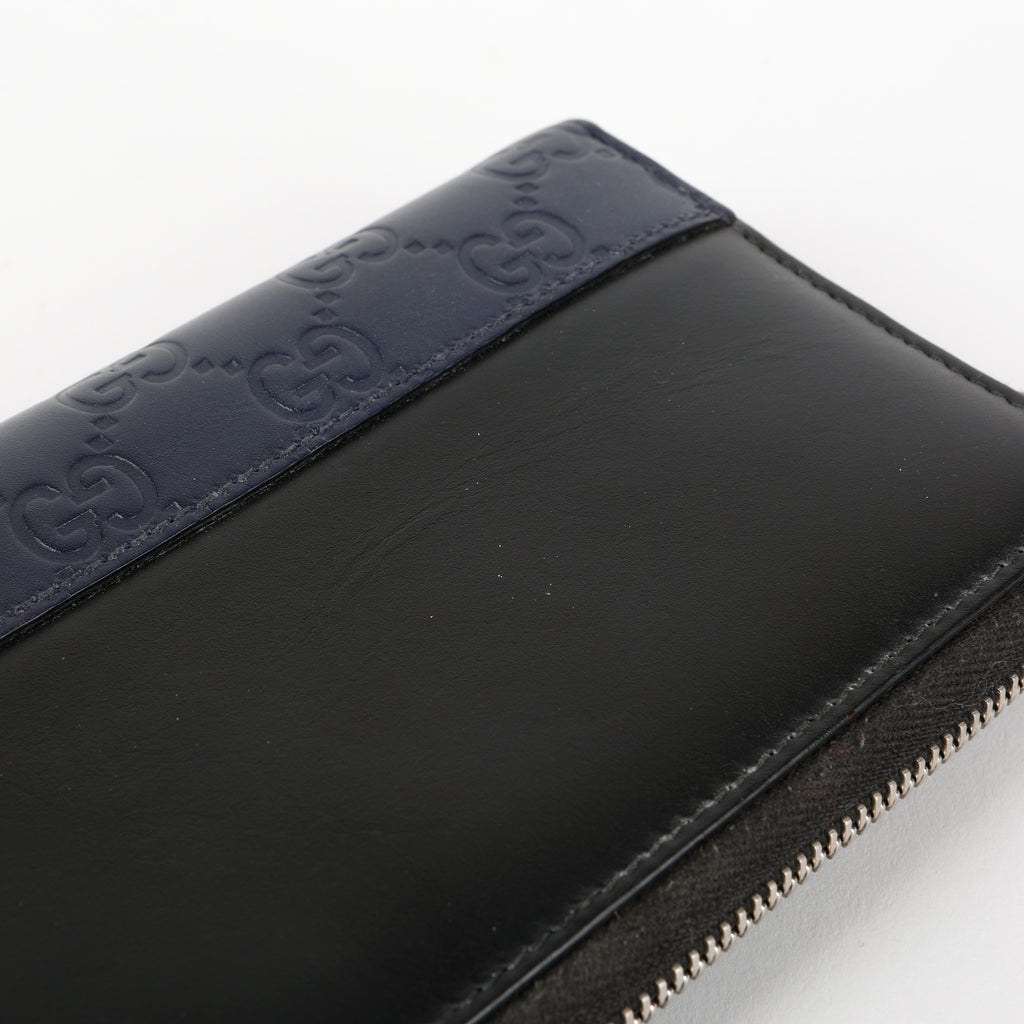 Long Zippy Wallet, Black Calfskin/Navy Guccisima