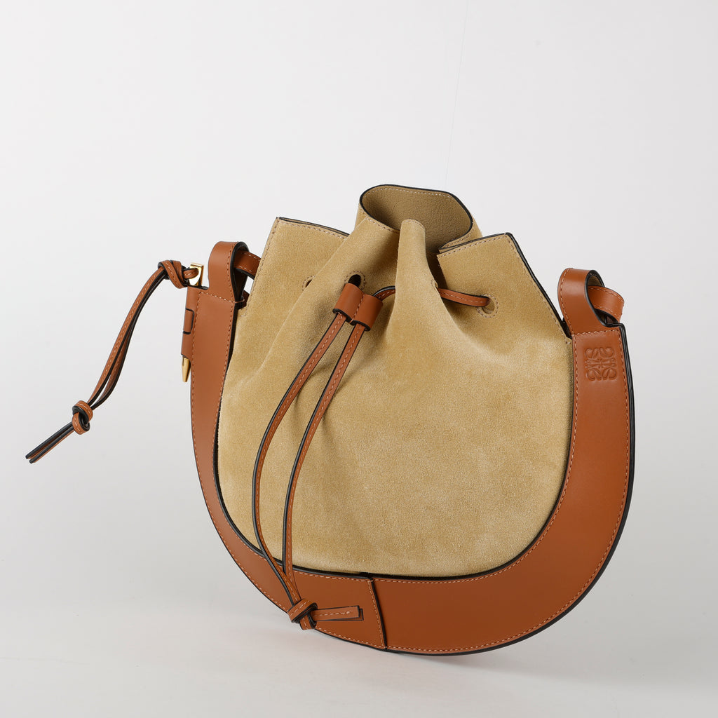Horse Shoe Shoulder Bag Brown Beige Suede