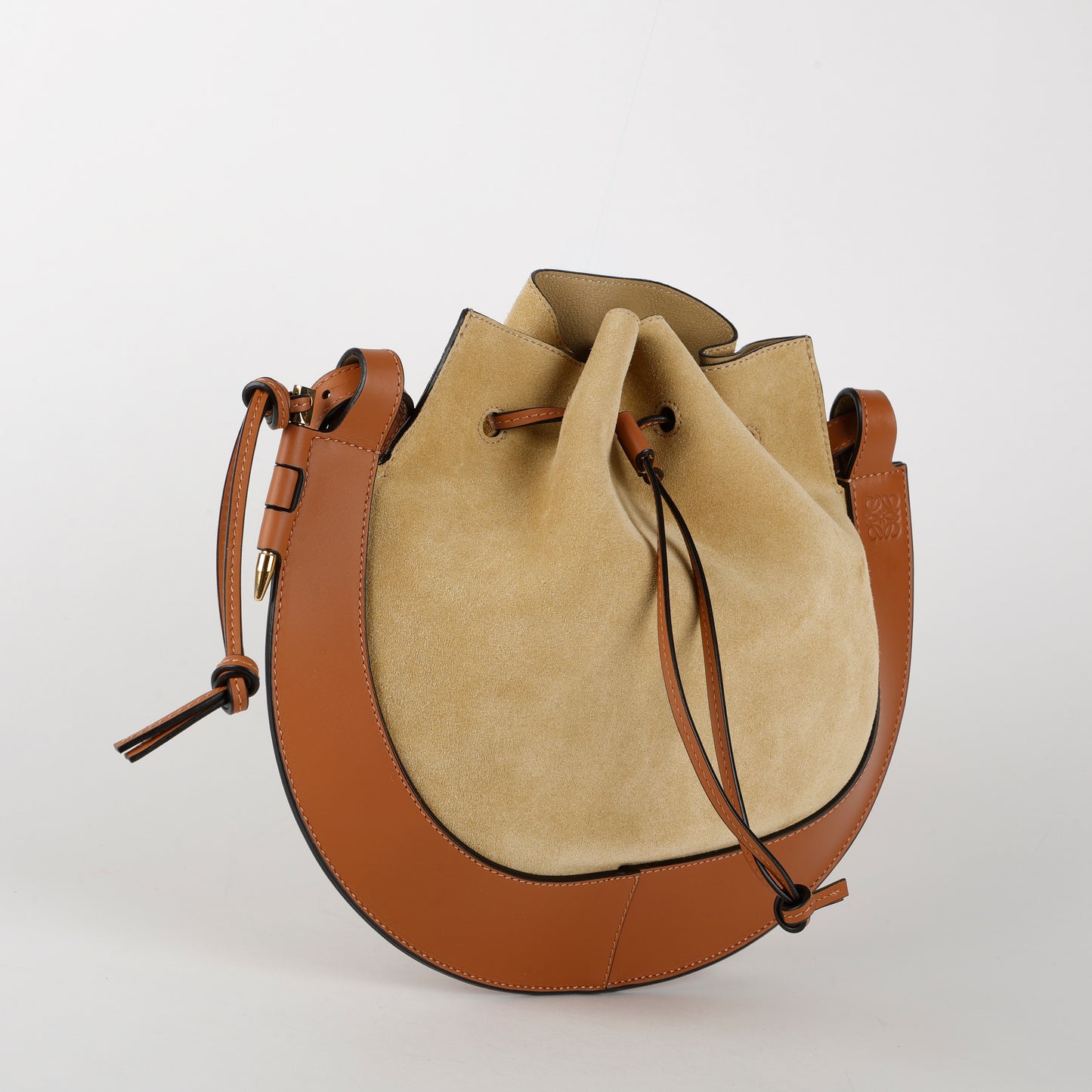 Horse Shoe Shoulder Bag Brown Beige Suede