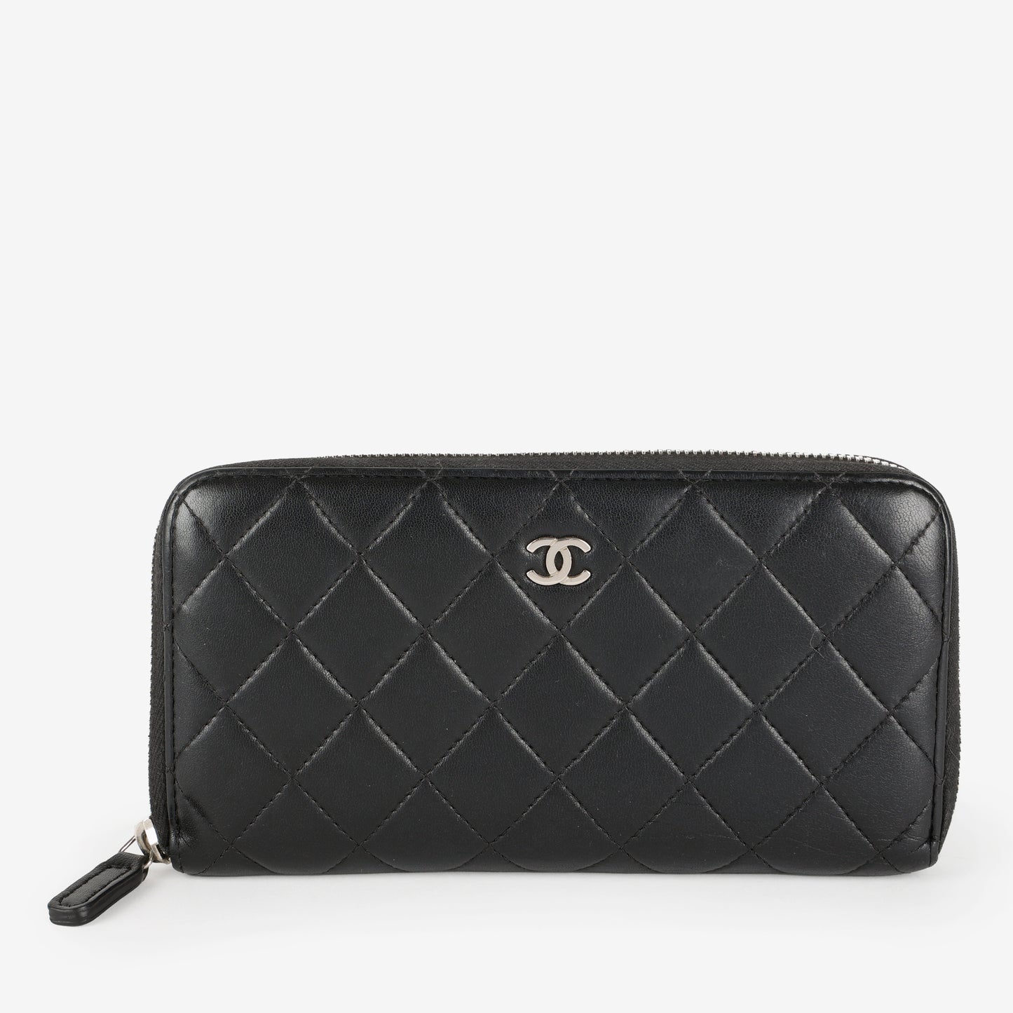 Large Gusset Zip Around Wallet, Black Lambskin