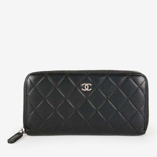 Large Gusset Zip Around Wallet, Black Lambskin