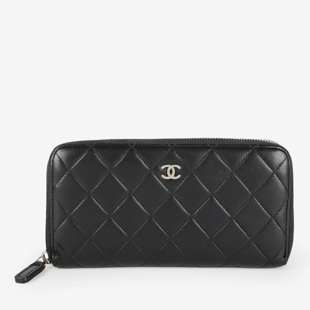 Large Gusset Zip Around Wallet, Black Lambskin