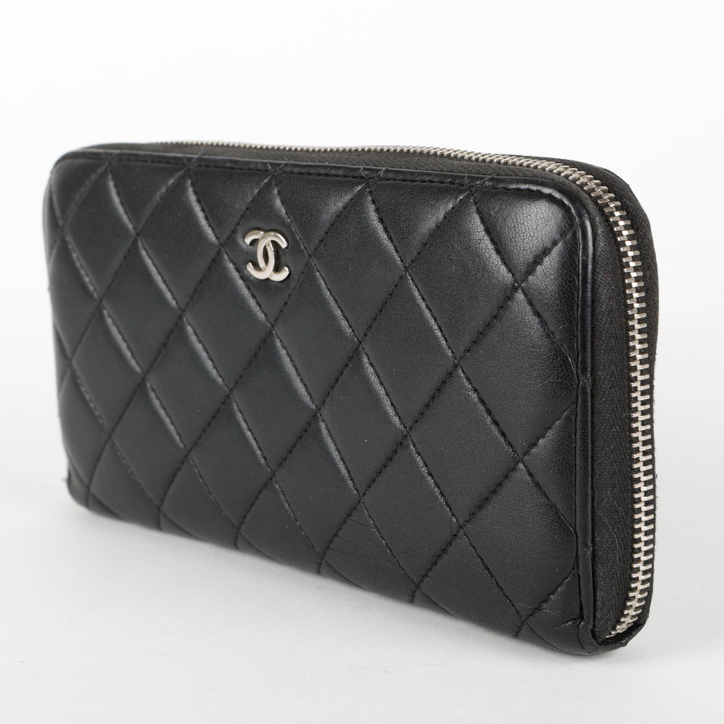 Large Gusset Zip Around Wallet, Black Lambskin