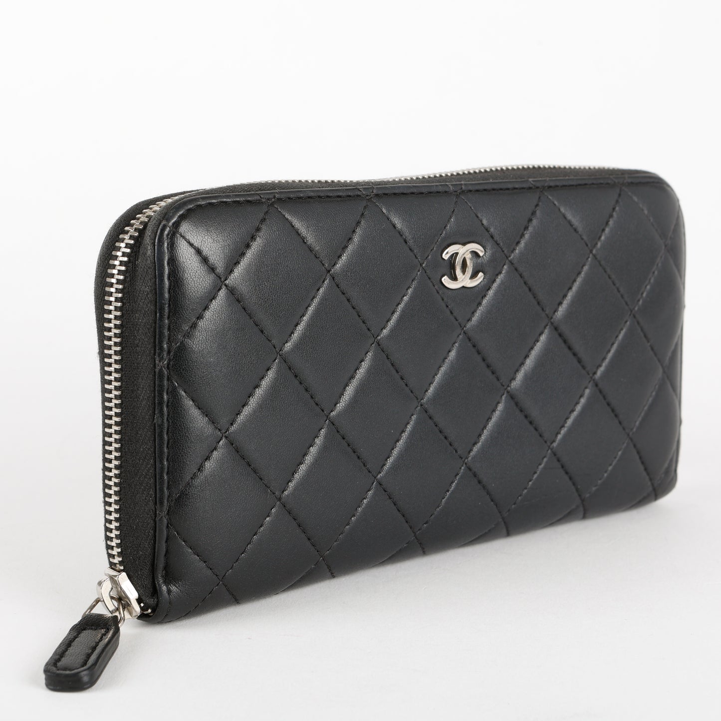 Large Gusset Zip Around Wallet, Black Lambskin