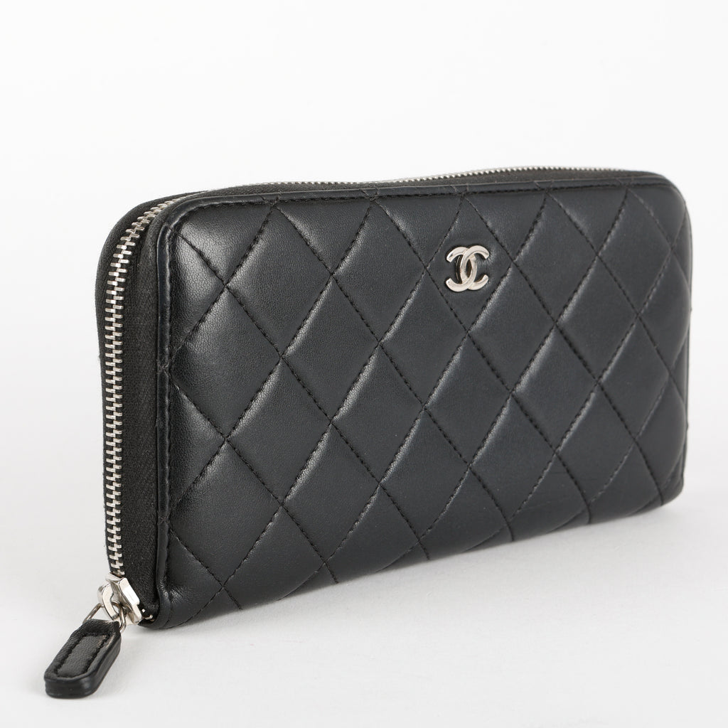 Large Gusset Zip Around Wallet, Black Lambskin