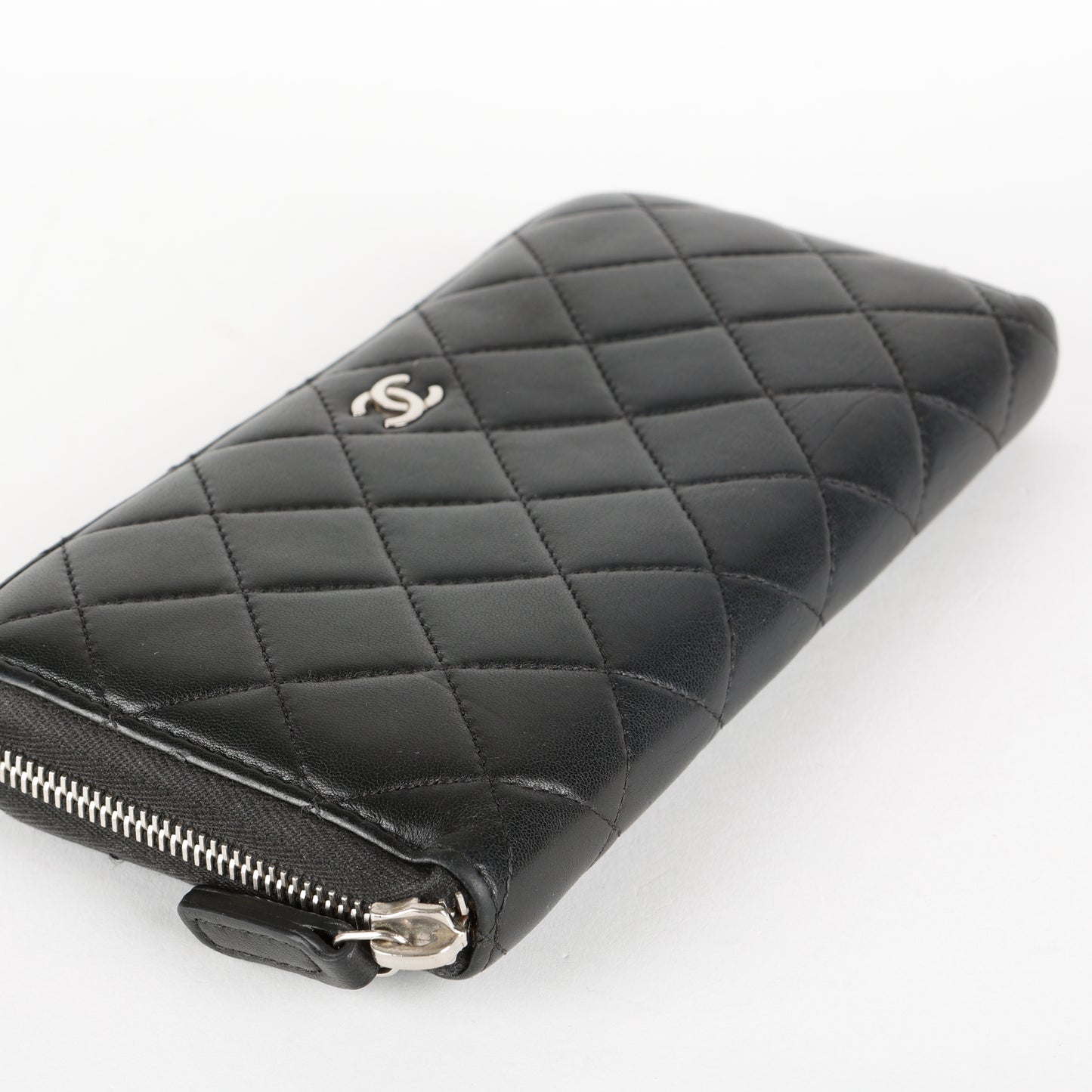 Large Gusset Zip Around Wallet, Black Lambskin