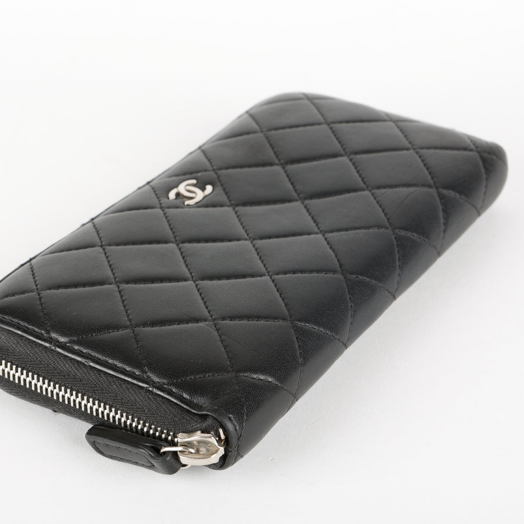 Large Gusset Zip Around Wallet, Black Lambskin
