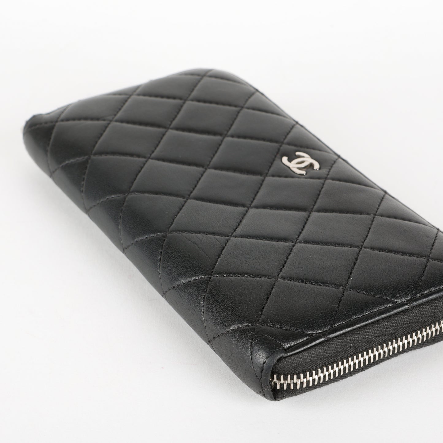 Large Gusset Zip Around Wallet, Black Lambskin