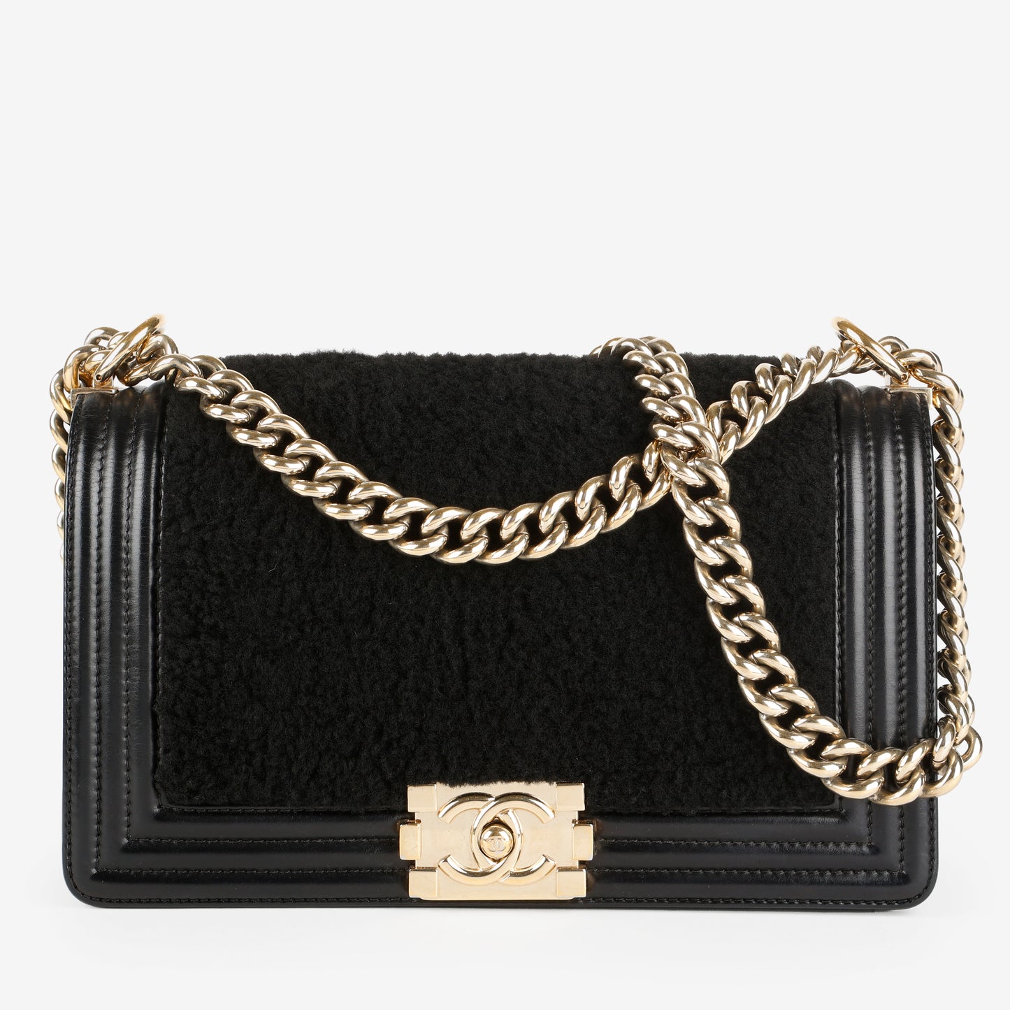 Old Medium Boy Bag, Black Shearling