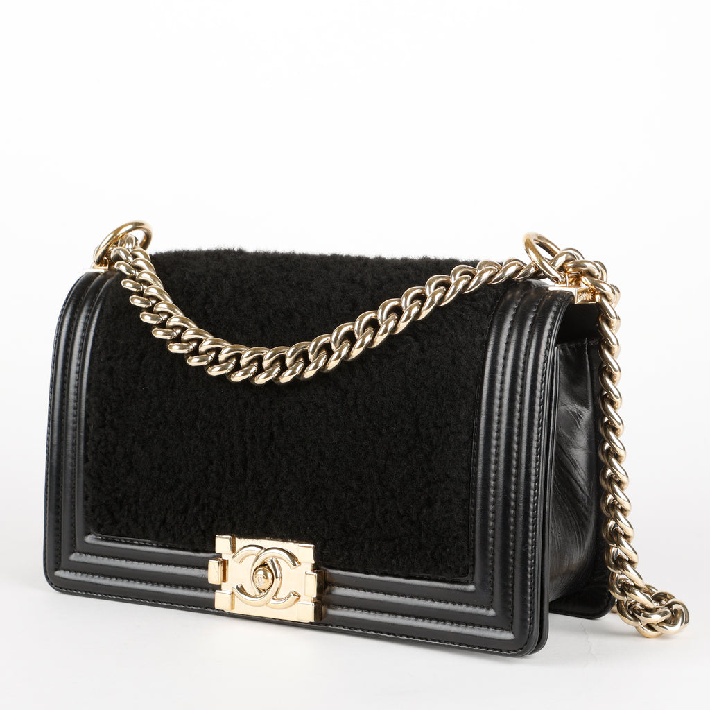 Old Medium Boy Bag, Black Shearling