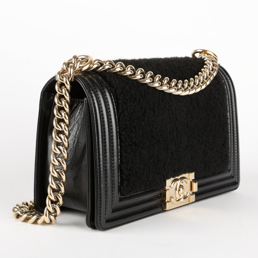 Old Medium Boy Bag, Black Shearling