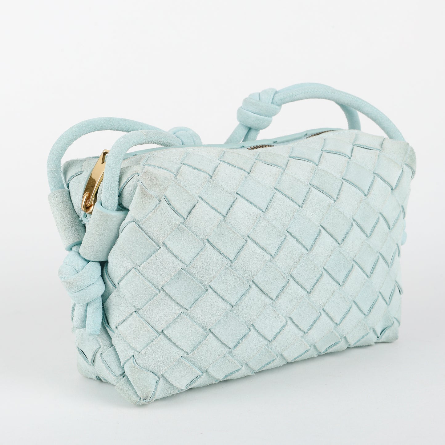 Mini Loop Camera Bag, Teal Suede Intrecciato