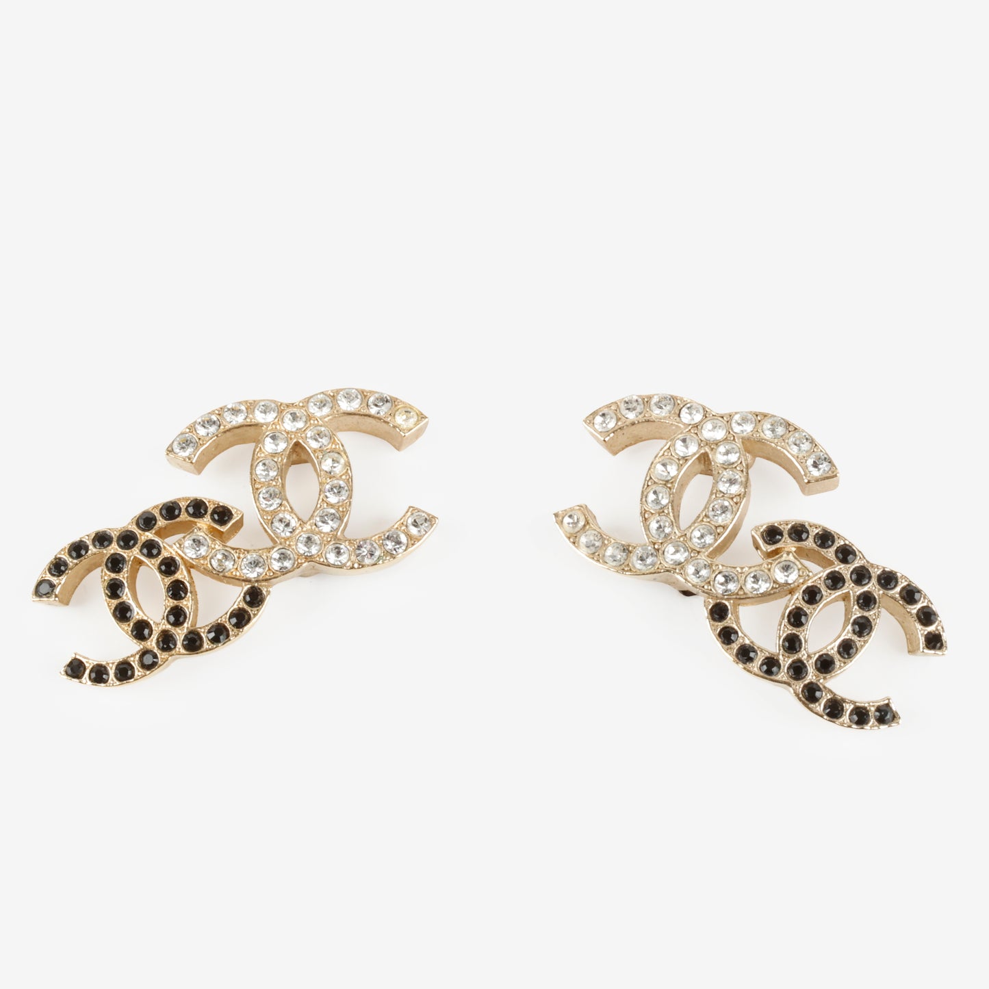 Double CC Stud Earrings, Black/Crystal