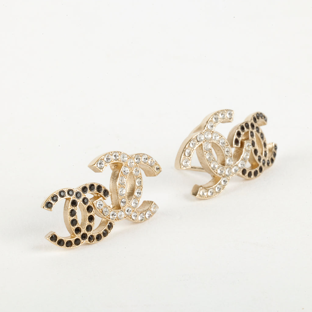 Double CC Stud Earrings, Black/Crystal