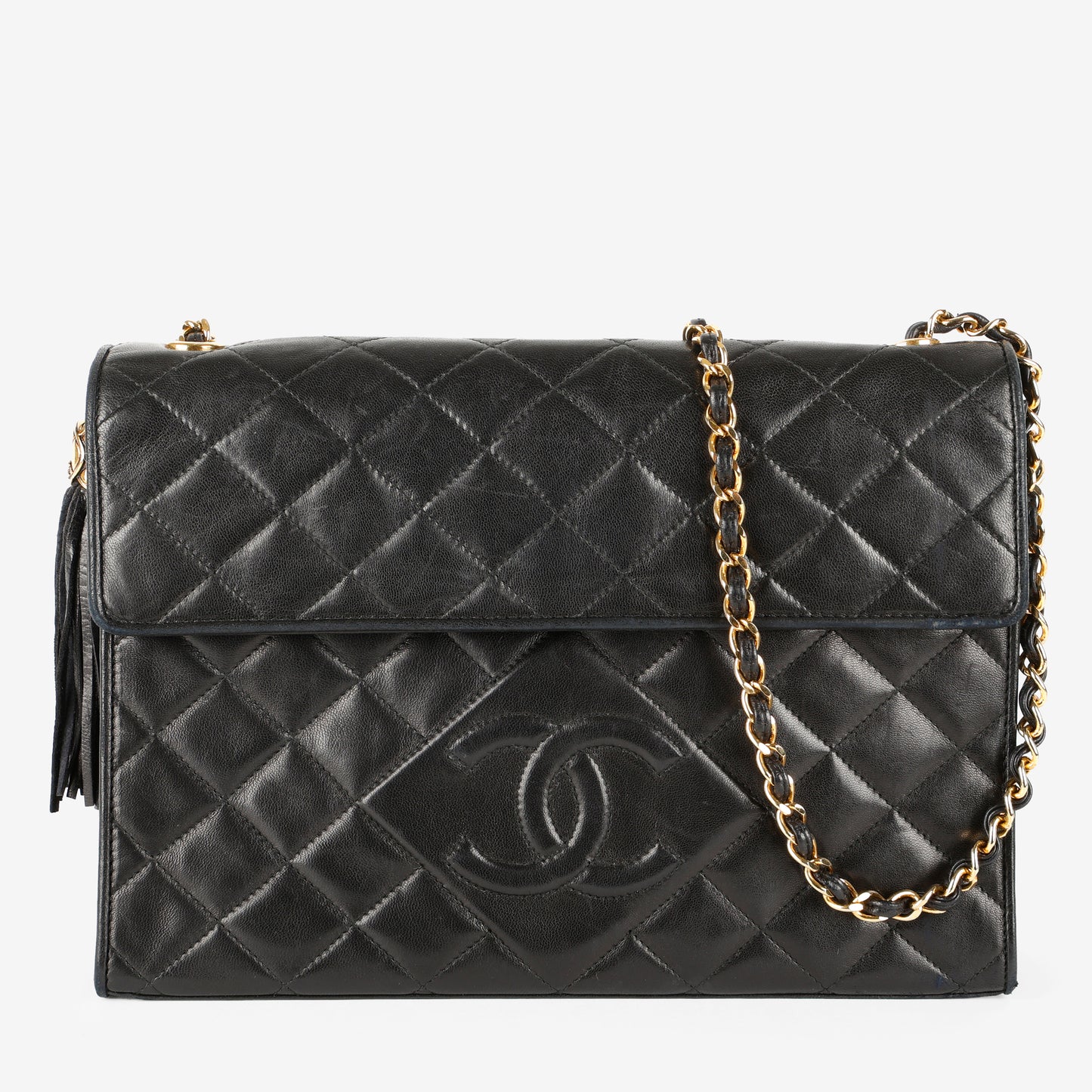 Quilted Tassel Shoulder Bag, Black Lambskin