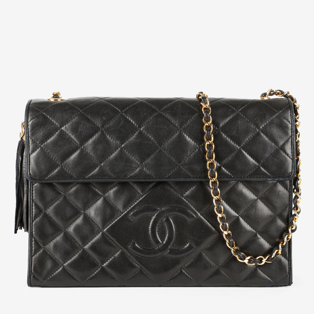 Quilted Tassel Shoulder Bag, Black Lambskin